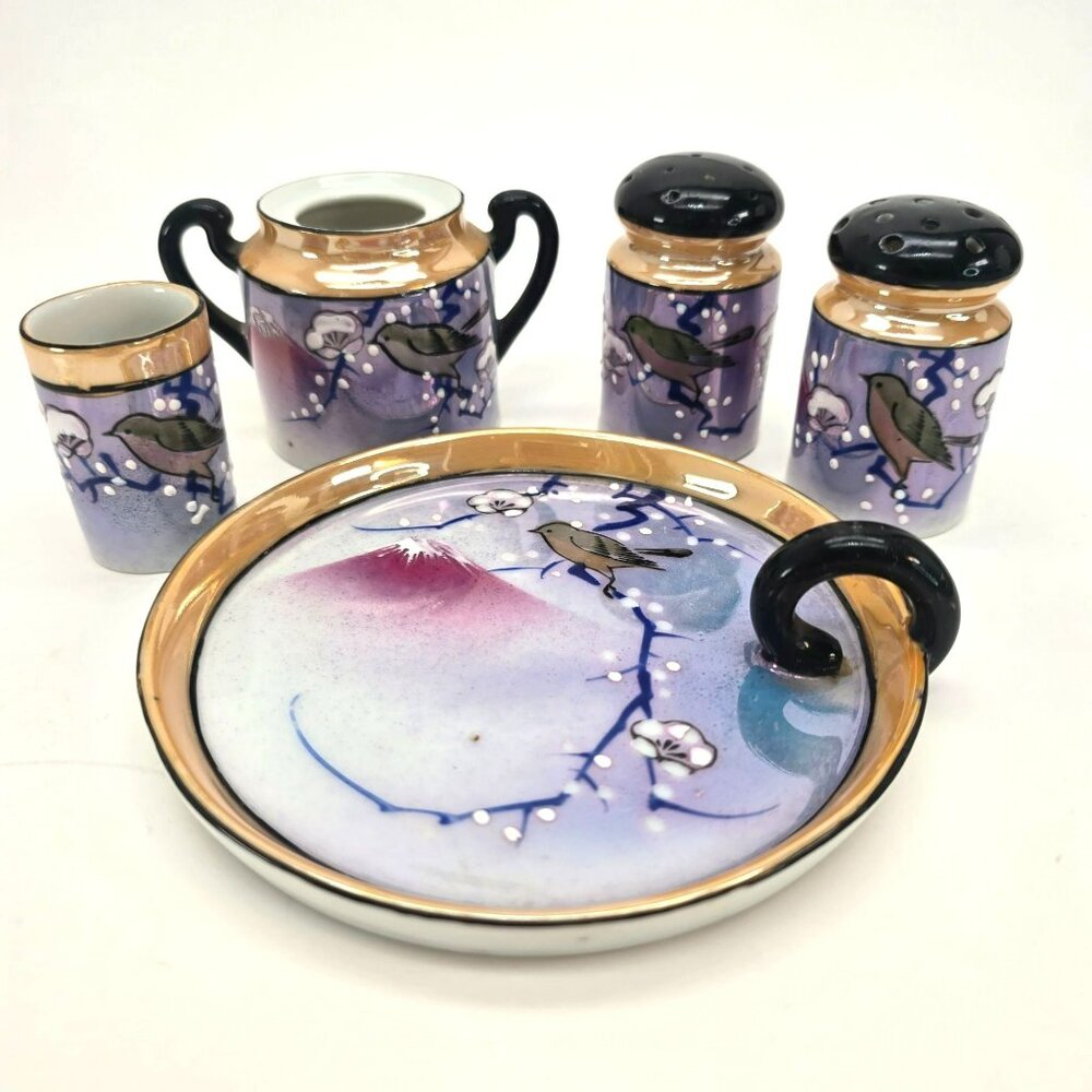 Vintage Japanese Lusterware Condiment Set With Bird Flower Mt Fuji Design je159